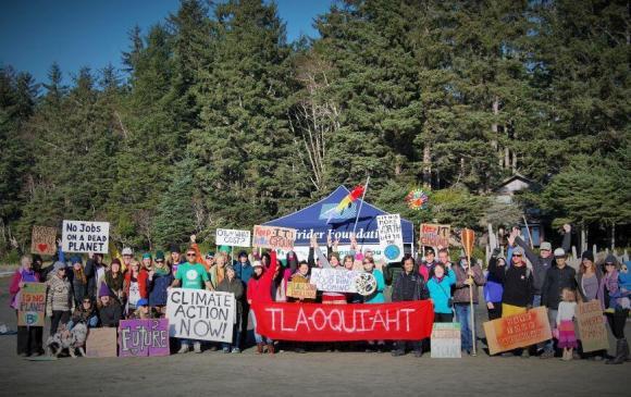 The Clayoquot Sound Global March organized by Friends Of Clayoquot Sound with participants from the Tla-o-qui-aht First Nations, Transition Towns, Surfrider Pacific Rim, and Paddle For The Planet.
