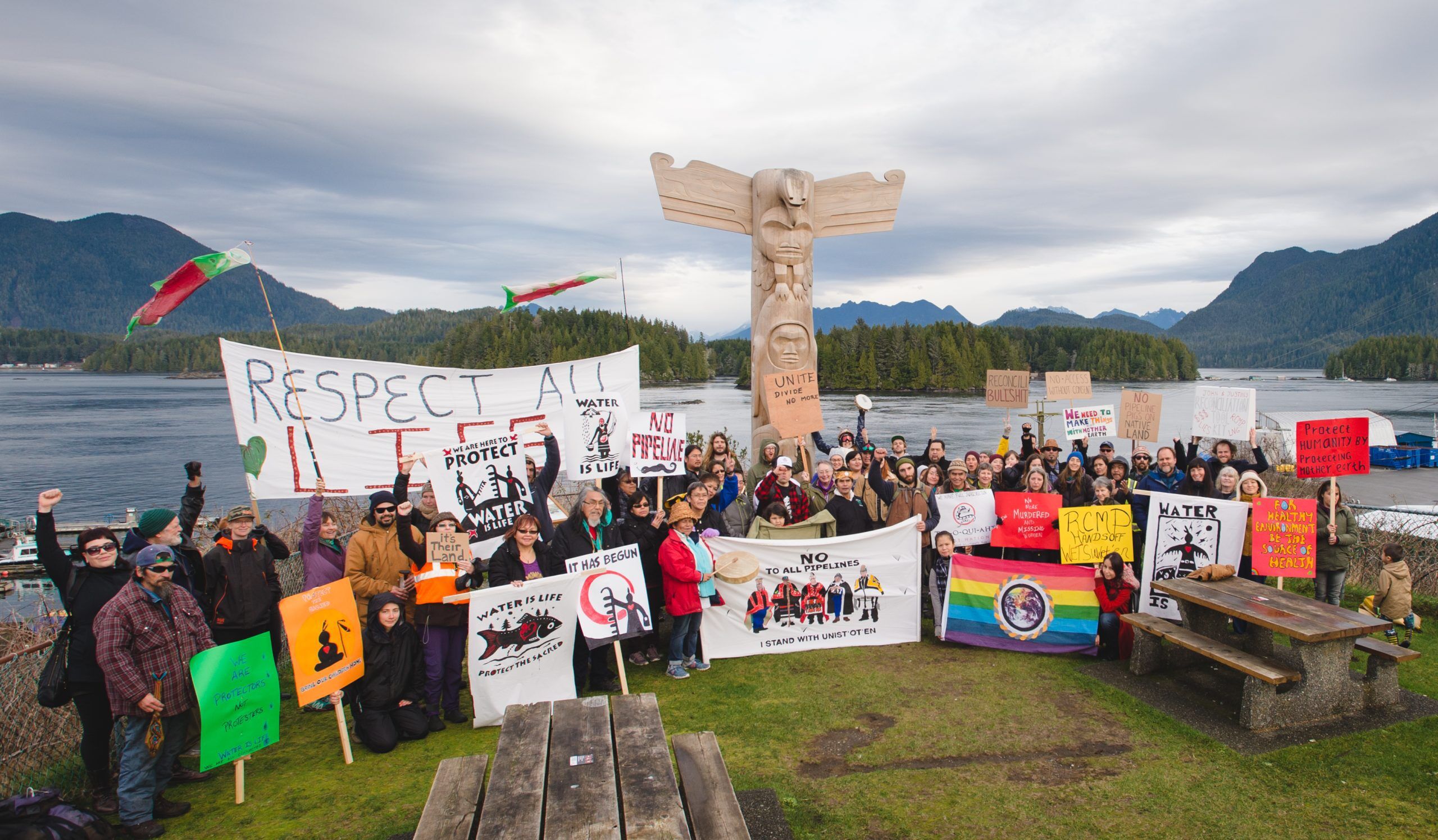 Last winter in Tofino, Tla-o-qui-aht First Nation led a march and rally in solidarity with the Wet’suwet’en Nation in saying “No To All Pipelines”. - Photo by Marnie Recker