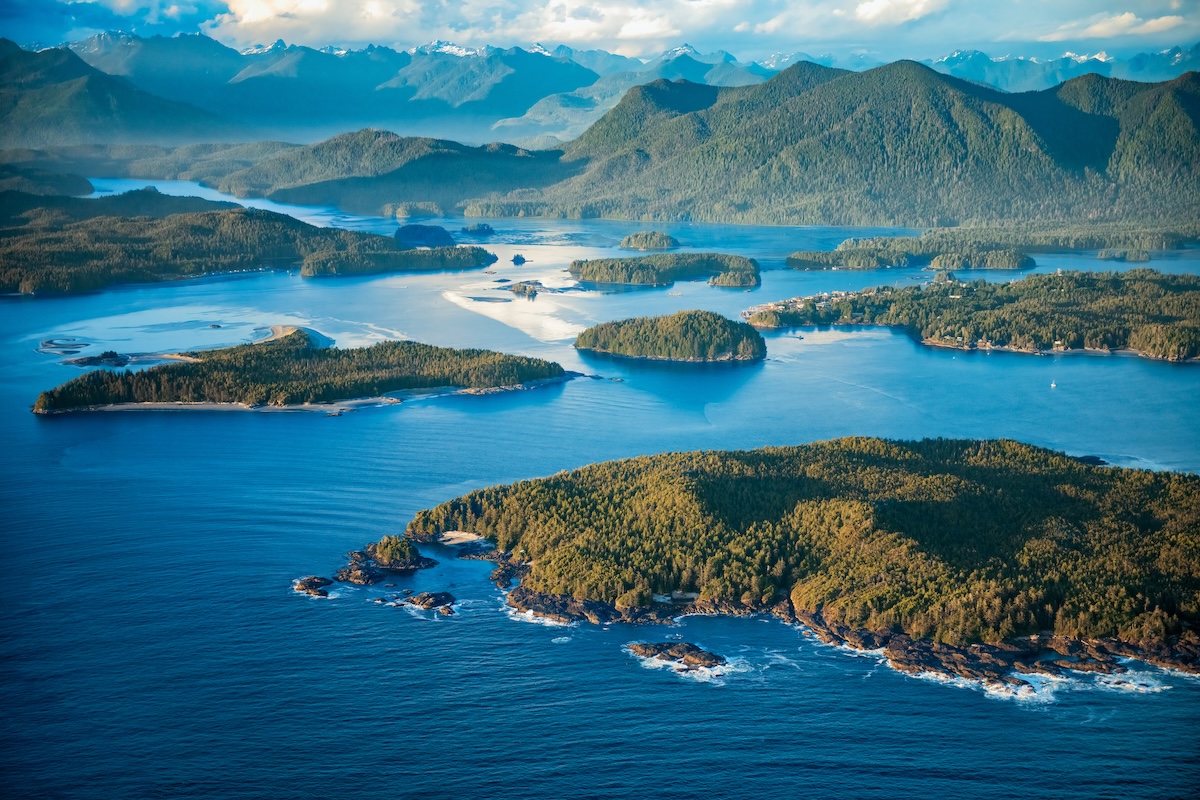 Tofino aerial shot with Clayoquot Sound, BC Canada